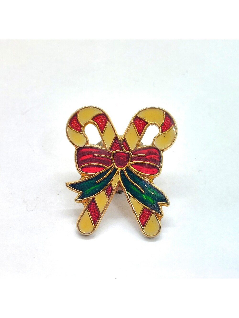 Vintage Crossed Candy Canes Pin Christmas Holiday Bow Enamel Striped Lapel